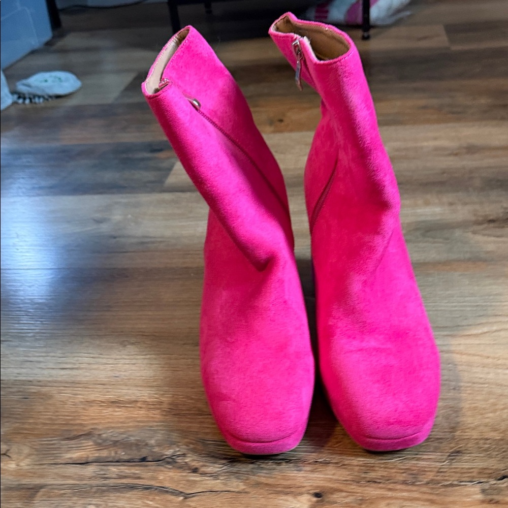 Women’s Hot Pink Suede Ankle Boots - Zipper Closure
